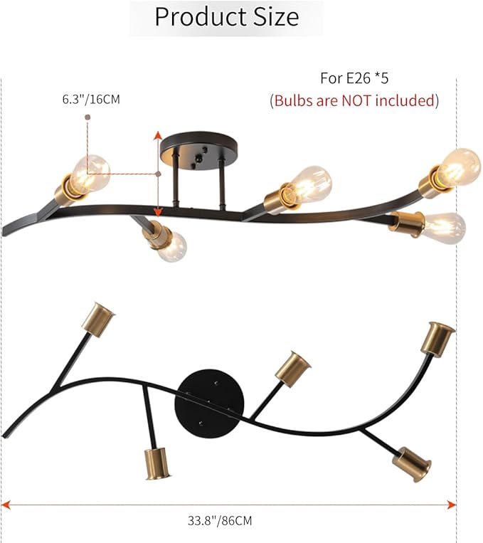Modern Sputnik Semi Flush Mount Ceiling Light Fixture Black and Gold,5-Lights Mid Century Sputnik Chandelier for Dining Room,Kitchen,Hallway,Laundry Room,Bedroom(Bulbs Not Included)