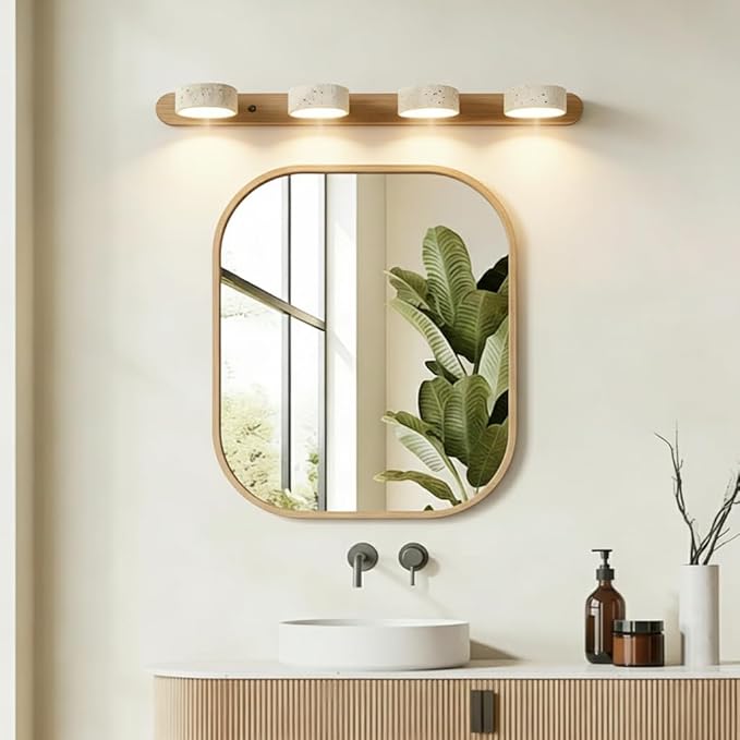 LED Bathroom Vanity Light, Travertine Stone Light Fixture, 360° Rotatable Stone Lampshades, Modern Rustic Wall Lamp for Bedroom, Living Room, Hallway (Natural Wood-4 Heads)