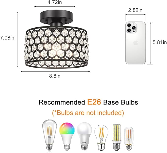 Black Crystal Ceiling Light Fixture - Modern Semi Flush Mount Ceiling Chandelier Lighting for Hallway, Kitchen & Foyer | Dazzling Prism Chandelier with Easy Installation,1 Light, 9 in