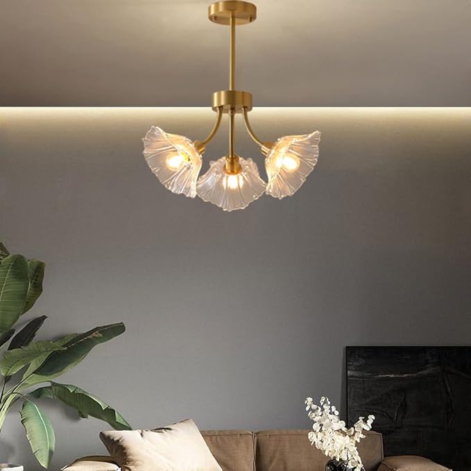 Semi Flush Mount Ceiling Lights Mid Century Modern Ceiling Light Fixture 3-Light Gold Brass Chandelier Lighting with Clear Glass Flower Shape for Bedroom Living Dining Room Hallway