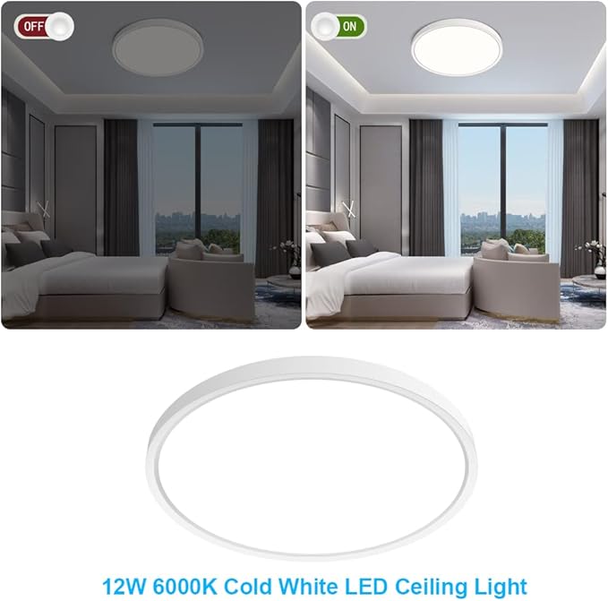inShareplus 7-inch LED Flush Mount Ceiling Light, White 12W (120W Equiv) 6000K Cold White, Super Bright, Ultra-Thin, 1500LM Ceiling Lamp for Bedroom, Kitchen, Office, Hallway