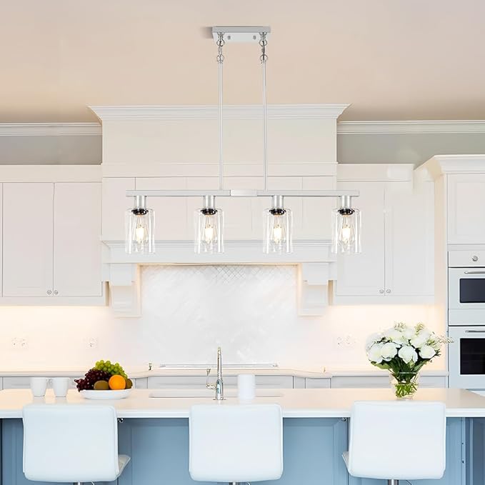 Brushed Nickel 4-Light Kitchen Island Lighting, Adjustable Island Lights for Kitchen with Clear Glass Shades - Kitchen Pendant Lighting over Sink, Farmhouse Chandelier for Dining Tables & Bars