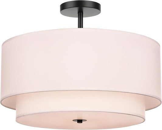 FRIDEKO HOME Ceiling Light Fixture-17.7 inch Light Fixtures Ceiling Mount with 2-Layer Fabric Shade Drum Lights for Living Room Kitchen Foyer Hallway