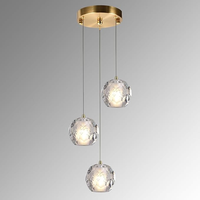 3 Lights Pendant Lighting, Bubble Crystal Pendant Light Fixture Brushed Brass for Dining Room, Modern Cluster Pendant Island Hanging Light for Kitchen