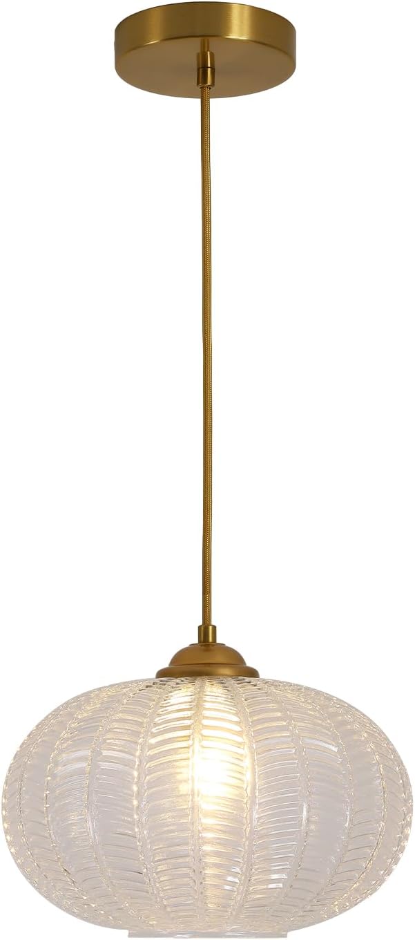 KCO Lighting Clear Ribbed Glass Pendant Light Vintage Brass Gold Pendant Lighting Large Globe Pendant Lights Kitchen Island Mid Century Modern Hanging Light for Living Room