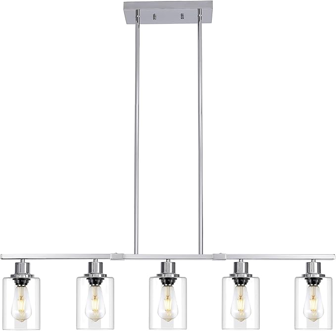 39.4" Kitchen Island Lighting, 5 Lights Clear Glass Pendant Light Fixtue, Chrome Linear Metal Chandelier for Dining&Living Room Foyer,Height Adjustable,E26 Socket