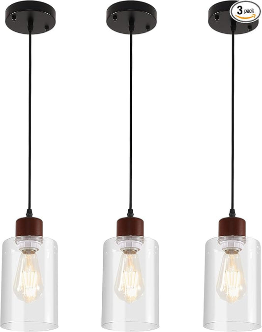 Modern Industrial Pendant Light, 3 Pack Mini Pendant Lighting with Clear Glass Shade, Adjustable Height, Rustic Wood Finish Ceiling Hanging Light Fixture for Kitchen Island Dining Room Bedroom