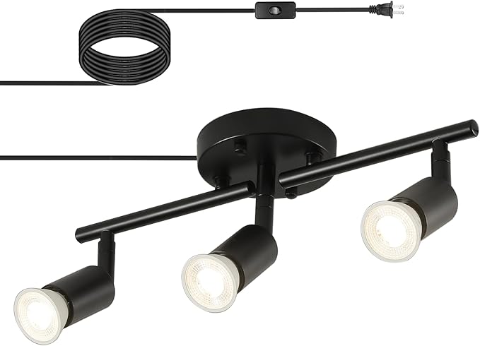 3 Light Black Plug in Track Light White Plug in Ceiling Lighting Fixture with 16.4' Long Cord,3 Way Ceiling Spotlight,Rotatable Wall Mount Light Head