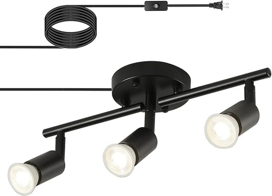3 Light Black Plug in Track Light White Plug in Ceiling Lighting Fixture with 16.4' Long Cord,3 Way Ceiling Spotlight,Rotatable Wall Mount Light Head