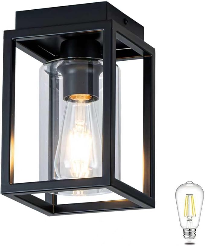 Mayful Flush Mount Ceiling Light Fixture with Clear Glass Shade, Farmhouse Black Metal Frame Light Fixture for Kitchen Island Entryway Porch Foyer Dining Room, E26 Ceramic Base