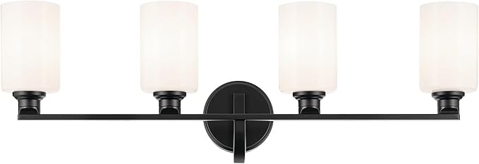 Kichler Gioe 4-Light Bathroom Vanity Light Fixture with Opal Glass in Black, Modern Wall Mount Over Mirror Lighting for Powder Room (32.25" W x 10.5" H), 55227BK