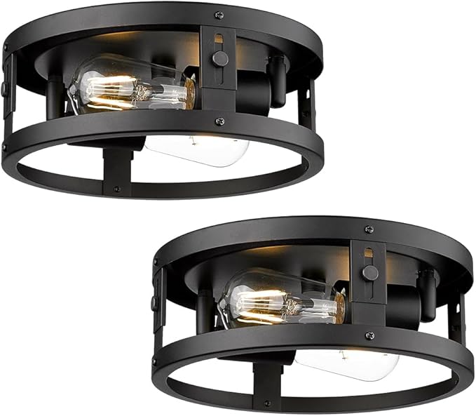 2 Pack Industrial Flush Mount Ceiling Light, 2-Light Black Metal Cage Ceiling Light Fixtures, Farmhouse Adjustable Ceiling Light for Hallway Kitchen Bedroom Entryway