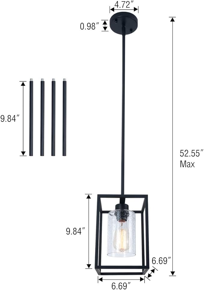 VILUXY Black Pendant Lights Kitchen Island Farmhouse Seeded Glass 1-Light Dining Room Pendant Lamp Fixtures Metal Cage Hanging Lights for Over Sink