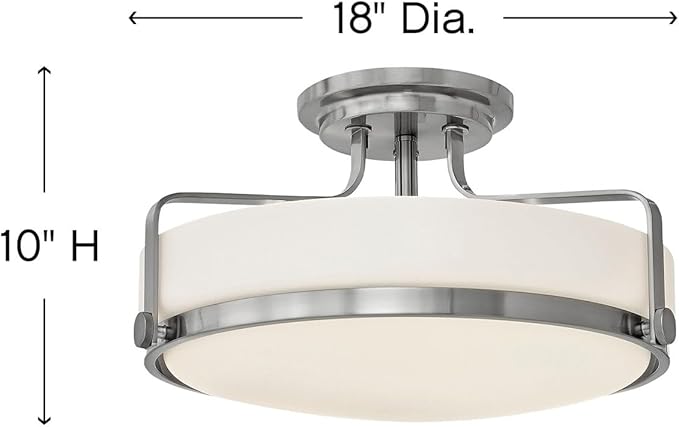 Hinkley Harper 3643BN Large Semi-Flush Ceiling Light, Sleek, Retro Style, Brushed Nickel and Etched Opal Glass