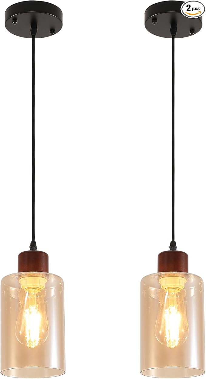 Modern Wood Pendant Lighting for Kitchen Island, Farmhouse Pendant Light Fixtures 2 Pack, Adjustable Hanging Ceiling Light with Amber Glass Shade