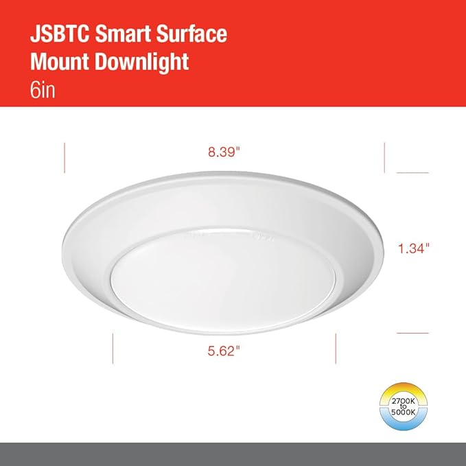 Juno JSBTC 6IN TUWH 90CRI WL MW M6 Smart Surface Mount Disk Light, 2700K-5000K Tunable, 1100 Lumens, Connect with Zigbee or Bluetooth, Works with Alexa, Google Home, or SmartThings, 6-Inch, White