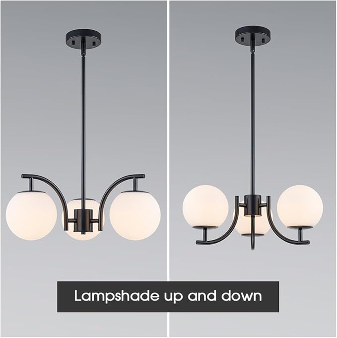 Black 3 Light Globe Chandelier Modern Sputnik Hanging Light Milk Glass Pendant Light Fixture for High Ceiling Kitchen Bedroom Dining Living Room