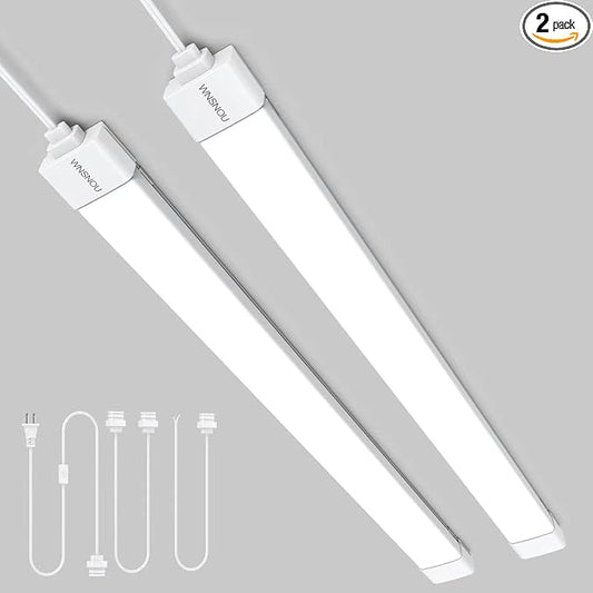 WNSNOU 2 Pack Plug-in LED Shop Light, 4FT Tube, IP66 Waterproof and Linkable, 36W With Cord, 5000K Ceiling/Closet, 4000LM Under Cabinet for Room Garage