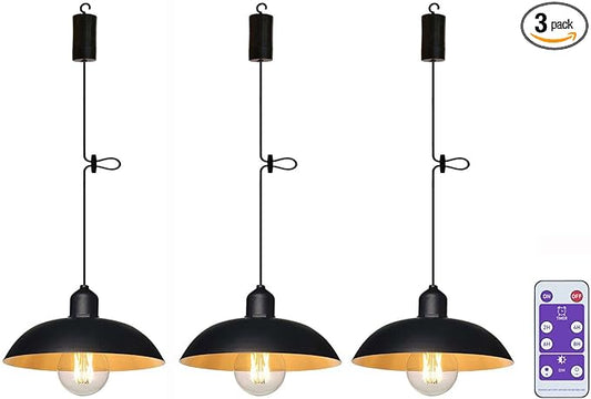 3X Battery Operated Outdoor Chandelier for Gazebo Pendant Light Industrial Hanging Lamp with Remote Decorative Lights Lantern Indoor Powered by 4*AA Batteries for Porch Pavilion Camping