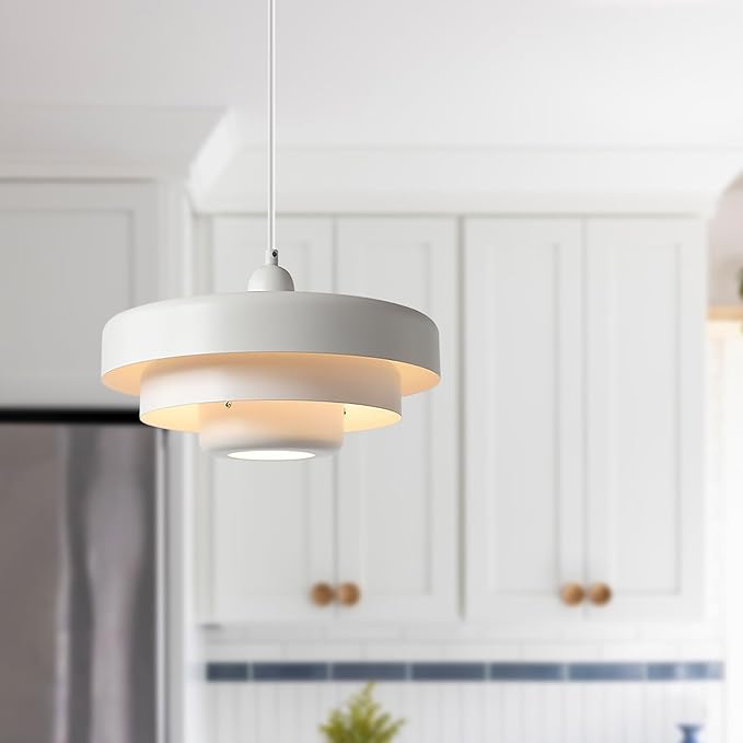 2-Pack Industrial Pendant Lights, 13.8 Inch Vintage White Metal Dome Hanging Lights for Kitchen Island, Mid Century Modern Ceiling Fixtures for Restaurant, Aisle