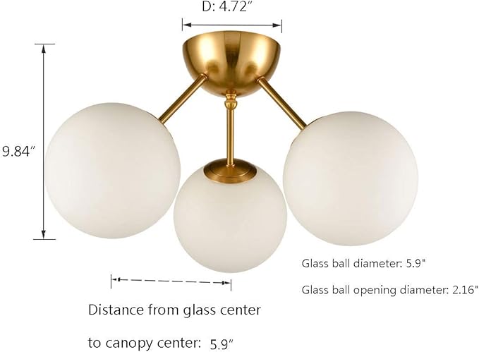 HOLKIRT Classic Mid Century Modern Globe Semi Flush Mount Ceiling Light Sputnik Chandeliers,White Frosted Glass Gold Finished for Living Room Dining Room Bedroom 3- Light
