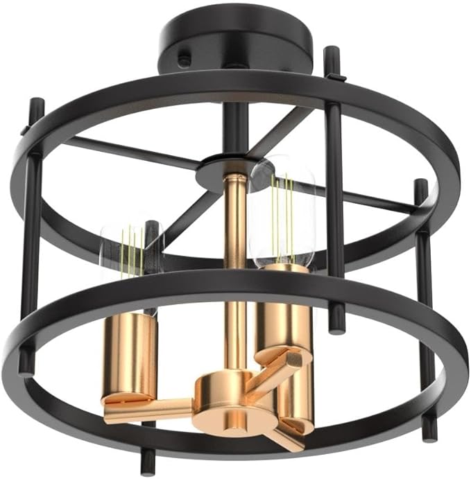 AGV LIGHTING Semi Flush Mount Ceiling Light Fixture, 3-Light Farmhouse Light Fixture Ceiling Mount, Black & Gold Finish