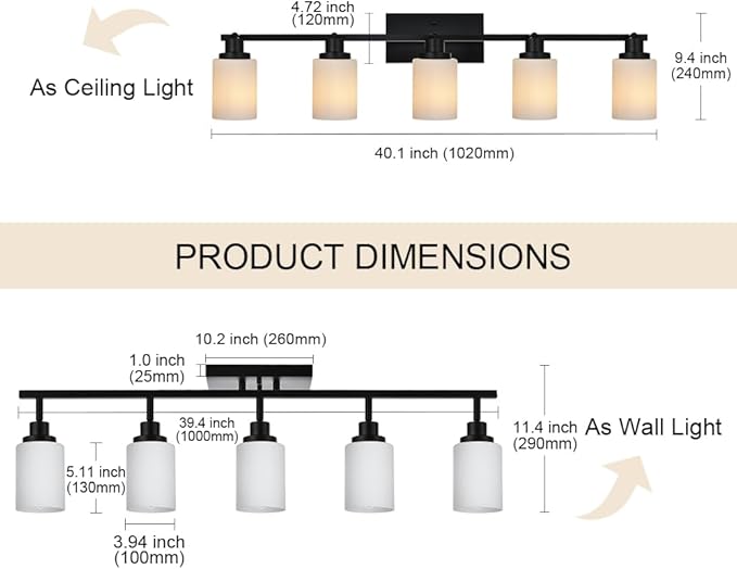 TODOLUZ Black Track Lighting Kit, 5-Lights Directional Spotlight with Opal White Glass, Kitchen Ceiling Light Fixtures for Dining Room Kithen Island Cloakroom