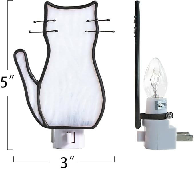 BOXCASA White Cat Night Light, Stained Glass Lamp, Warm Yellow Plug-In Night Light for Living Room, Bedroom, Hallway - Cat Gifts