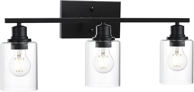 VINLUZ Matte Black Vanity Light for Bathroom 3 Light Farmhouse Indoor Bathroom Lighting Fixtures Over Mirror with Clear Glass Shade for Dressing Table