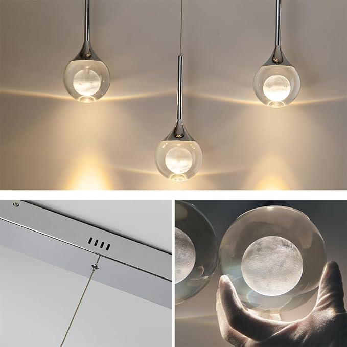 Sedelan 3 Lights Crystal Pendant Lights, LED Modern Moon Pendant Light Fixtures, Dimmable Chrome Pendant Lighting for Kitchen Island Bar Dining Room Living Room