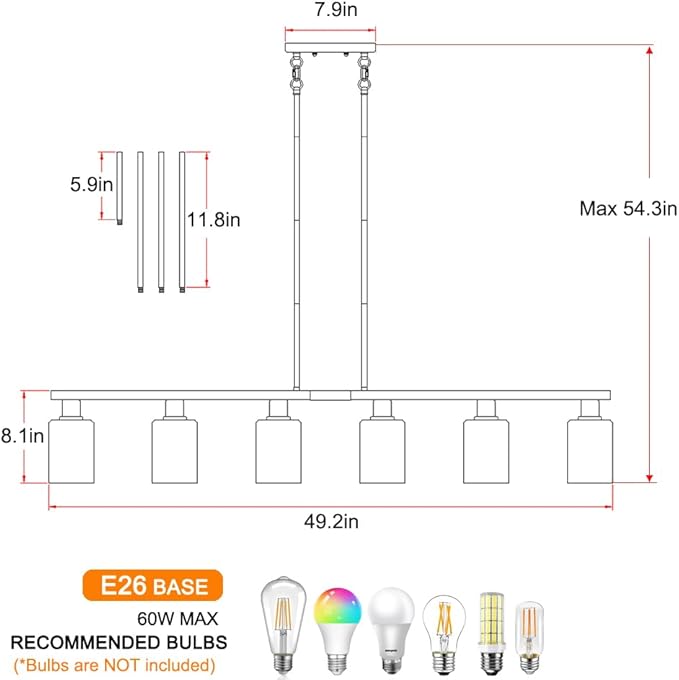 6-Light Kitchen Island Lighting with Glass Shade and Adjustable Rods, Brushed Nickel Dining Room Light Fixture Over Table, Farmhouse Linear Chandelier Pendant Light for Kitchen Living Room