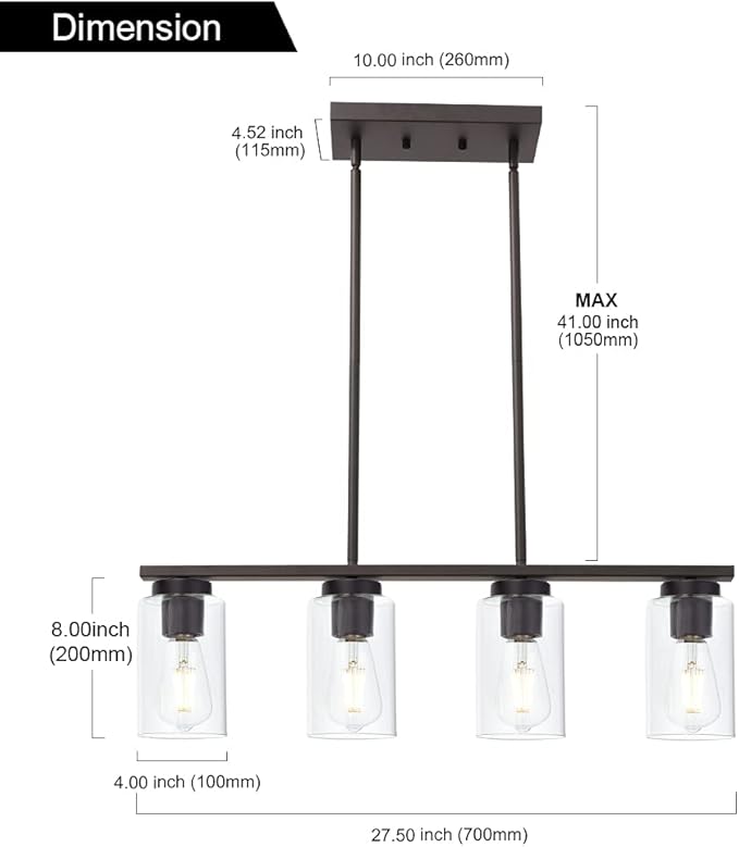 TODOLUZ Farmhouse Dining Room Chandelier 4-Lights Kitchen Island Light, Clear Glass Pendant Lighting Fixtures in Oil Rubbed Bronze