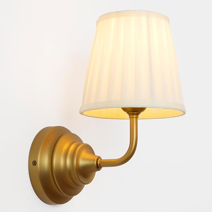 Vintage Gold Wall Sconce Light Brass Bathroom Vanity Light with Cream Fabric Shade Hardwire Modern Wall Sconces Lamp for Bedroom Living Room Bathroom Kitchen Indoor E26