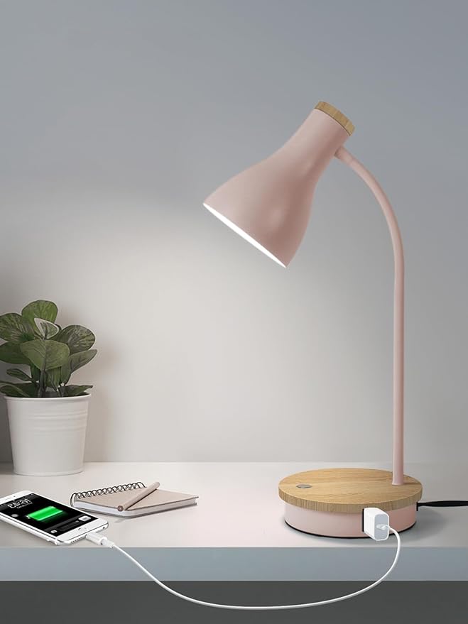 LALISU Metal Desk Lamp Wireless Charging Table Lamp Touch Reading Lights Arc Desk Lamps for Bedroom, 3 Way Dimmable Bedside Lamp with USB Charging Ports Lamp for Study Room and Office (Touch-Pink)
