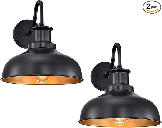 Outdoor Barn Lights, Farmhouse Outdoor Wall Sconces, Rustic Exterior Wall Mount Lights, Vintage Outside Lighting Fixtures, Industrial Black Gold Lanterns for Barn Shed Porch Garage Patio, 2 Pack
