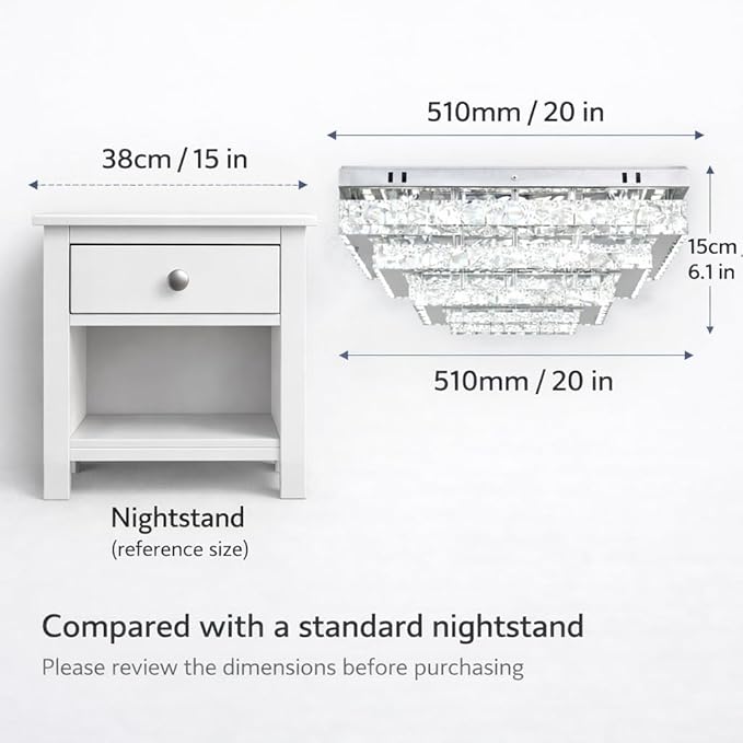 Finktonglan Modern Crystal LED Ceiling Light Fixtures 20” Dimmable Rectangular Flush Mount Chandelier Ceiling Lights 3-Tiers Stainless Steel Ceiling Lamp Fixtures for Living Room Bedroom Dining Room