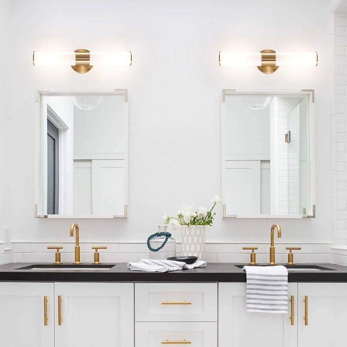 Brushed Gold Wall Sconces Set of 2 (Hardwired Only), Bathroom Vanity Light Fixtures, Modern Mikly White Glass Wall Lights for Mirror 28-40 inch Height, NOT Battery Operated, E26 Base (Without bulb)