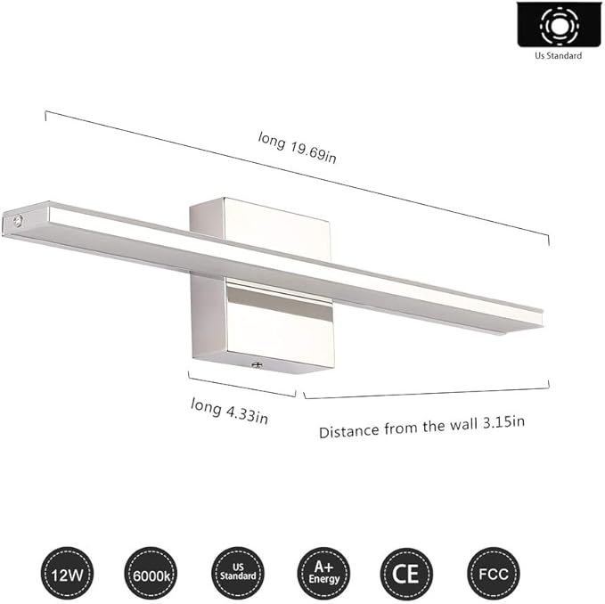LED Vanity Light Bar 20 Inch Bathroom Light Fixtures 12W Over Mirror Lighting Chrome Vanity Lights Fixtures Modern Bathrooms Lamps Acrylic Bath Wall Light Fixtures