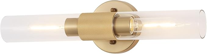 BYOLIIMA Gold Knurled Texture Wall Sconce Clear Glass Shade Modern Bathroom Vanity Light Fixtures 2-Lights Mid Century Wall Light for Mirror Living Room Hallway E26 T10 Bulbs(Excluded)