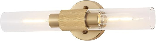 BYOLIIMA Gold Knurled Texture Wall Sconce Clear Glass Shade Modern Bathroom Vanity Light Fixtures 2-Lights Mid Century Wall Light for Mirror Living Room Hallway E26 T10 Bulbs(Excluded)