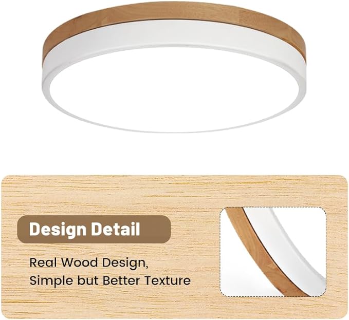 11.8 inch Wood Led Flush Mount Ceiling Light, Dimmable, 5CCT 3000K-6000K Selectable, 36W, 3600LM, Round Modern White Light Fixture Ceiling Mount for Bedroom, Laundry Room,Kitchen, Hallway, White
