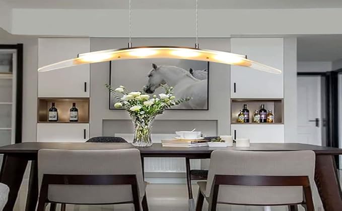 YIFONTIN LED Island Lights Fixture Linear Pendant Cambered Hanging Warm Lamp Chandelier Droplight 18W 31.5" Width for Kitchen Reading Dining Room Restaurant Office, Satin Nickel.