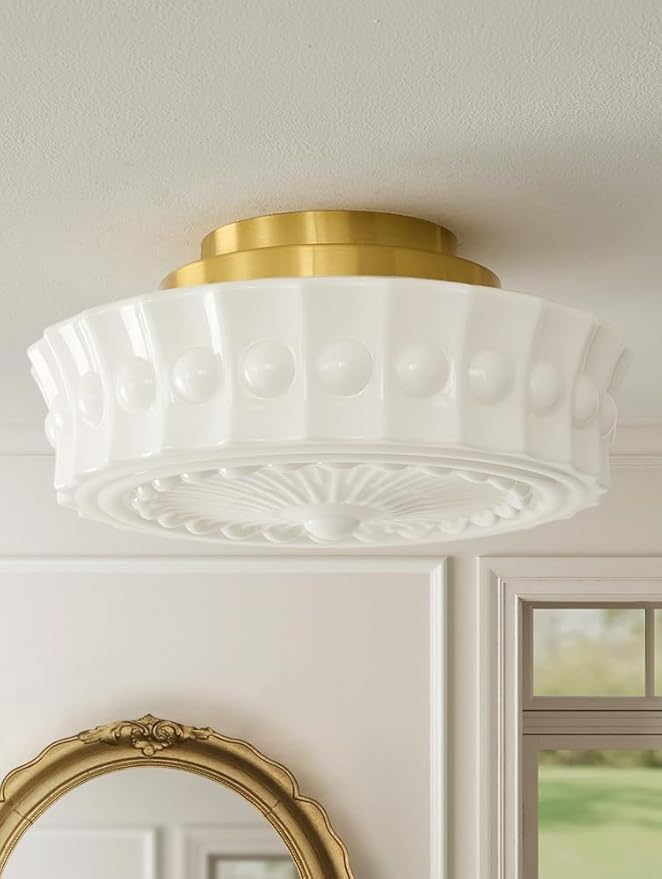 14inch Semi Flush Mount Ceiling Light Milk Glass Ceiling Light Fixture Mid Century Vintage Light Fixtures for Kitchen Hallway Restaurant Bedroom and Schoolhouse(White)