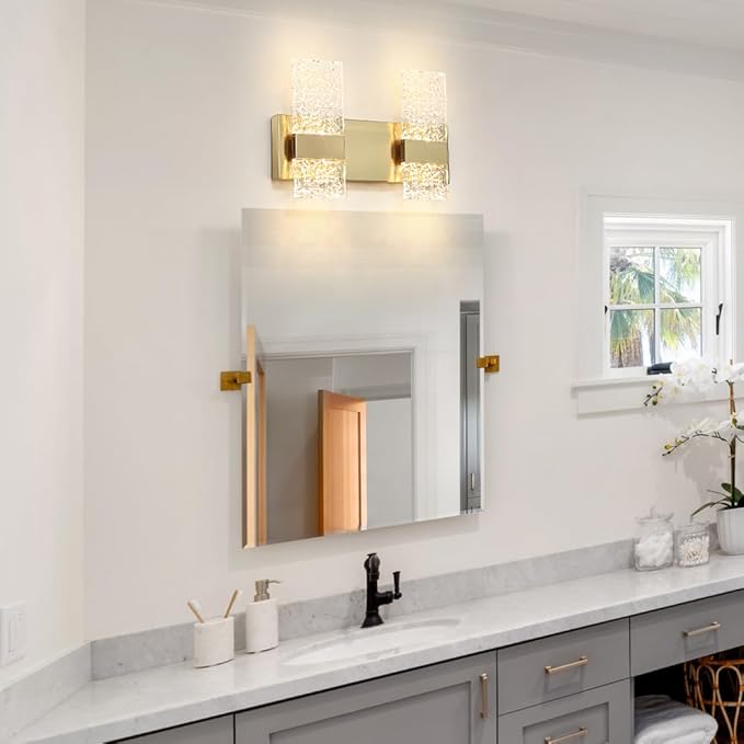 Modern Brushed Gold 4-Lights Bathroom Vanity Light, Eleglant Brass LED Bathroom Light Fixtures over Mirror, Dimmable Acrylic Shade Wall Lighting Fixtures, Hardwired Wall Light(H9.25in, L13.78in)
