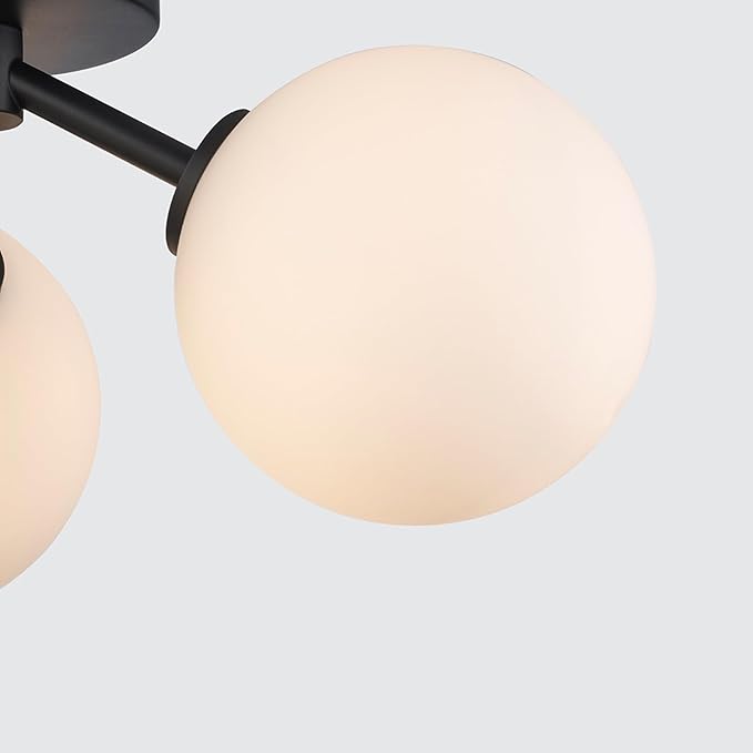 Prismara 16 Inch 3-Light Ceiling Light | Satin Black Finish with Opal Glass Shades | Uses 3 E-12 Candelabra Base Dimmable Bulbs | Modern Flush Mount Light (Black)