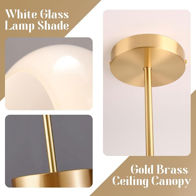 Gold Ceiling Light 1-Light White Glass Semi Flush Mount Ceiling Light Fixtures Mid Century Brass Flush Mount Lamp Milk Glass Shade Modern Close to Lamp for Hallway Bedroom Kitchen