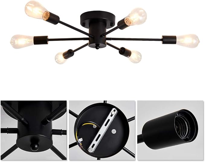 UOFUS 6 Lights Sputnik Semi Flush Mount Ceiling Light Matte Black Modern Edison Chandelier Industrial Close to Ceiling Light for Farmhouse Dining Room Kitchen Bedroom Living Room Study