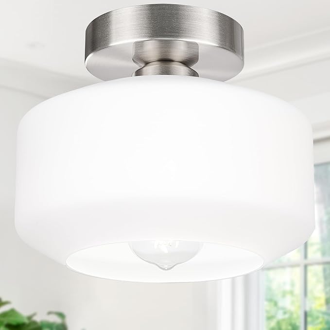 Lynnoland Industrial Semi Flush Mount Ceiling Light, Milky White Glass Shade Ceiling Light Fixture, Brushed Nickel Light Fixture for Hallway Bathroom Bedroom, Vintage Hanging Light Fixtures