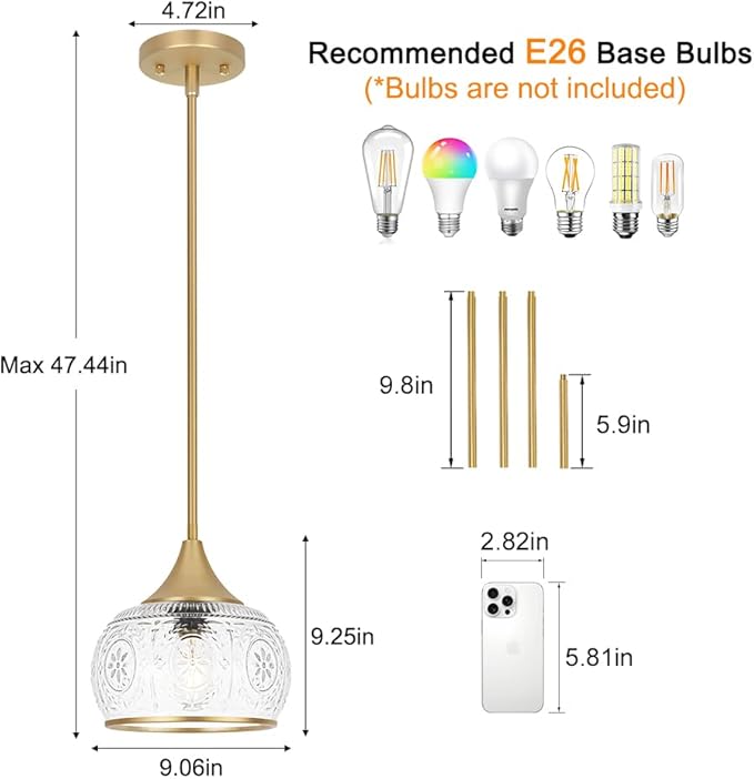 Gold Pendant Light - Modern Pendant Lights Kitchen Island with Handblown Glass, Vintage Hanging Light for Kitchen with Adjustable Height, Lithging Fixture for Dining Room Sink