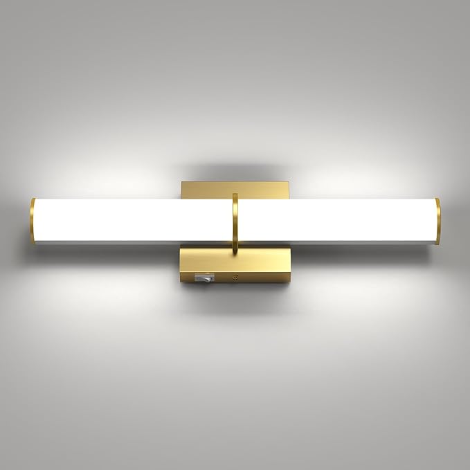 OOWOLF 17.3Inch Modern Vanity Light Fixture with Switch, 12W 5000K Led Bathroom Light Fixture Over Mirror, Hardwired, 1200LM Gold Vanity Light Bar for Mirror Bedroom Hallway Living Room